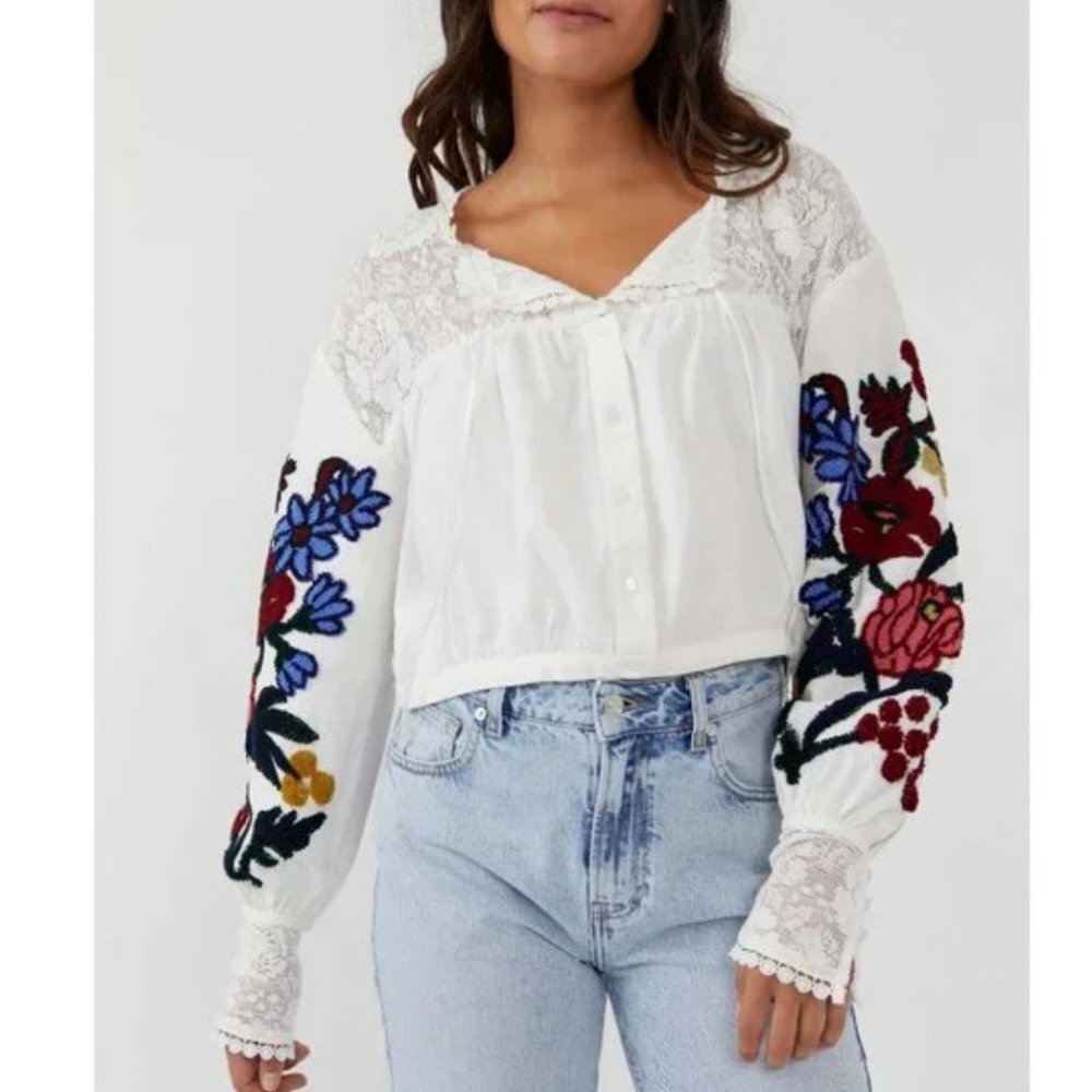 Free People White Blouse with Floral Embroidery